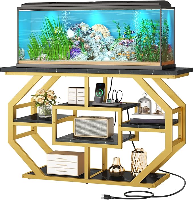 DWVO 55-75 Gallon Aquarium Stand with Power Outlet, Display Stand for Turtle Tank, Reptile Terrarium, Metal Fish Tank Stand Suitable for Living Room, Entryway, 860LBS Capacity, Black & Gold