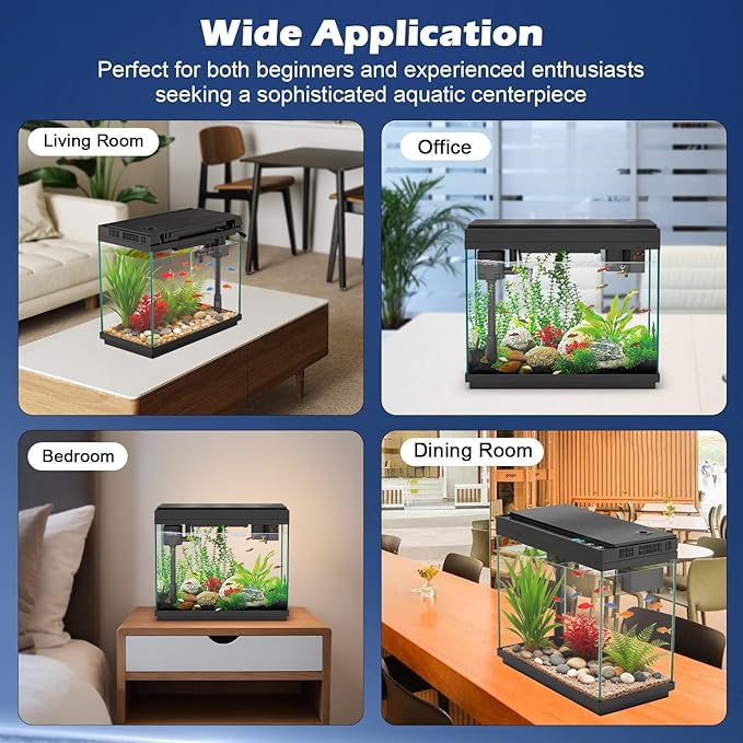 Smart Aquarium Fish Tank with Silent Water Pump, 2.4 Gallon Small Aquarium with Quick Start Kit, Temperature Display, Humidifier and RGB Lights, Perfect for Home, Office, and Decor, Black