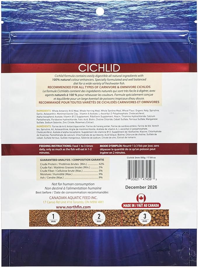 Northfin Cichlid Formula Fish Food – Slow Sinking Pellets for Cichlids (3mm, 100g) | Premium High-Protein, All-Natural Cichlid Diet to Enhance Color & Growth – No Fillers, No Hormones, Made in Canada