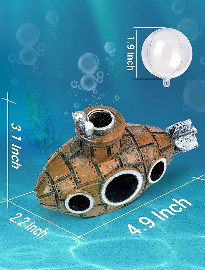 Floating Fish Tank Decoration, Little Cute Retro Submarine Aquarium Decoration with Two Float Balls, Resinous Fish Tank Accessorie, Safe Fish Toy for Betta Cichlid Goldfish Shrimps Hermit Crabs