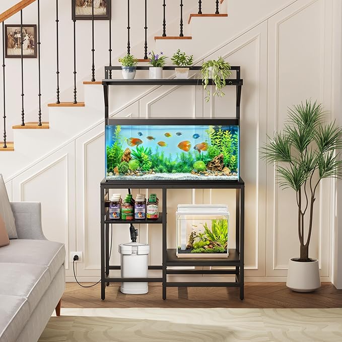 40 Gallon Fish Tank Stand, Aquarium Stand with Power Outlet, Heavy-Duty Reptile Terrarium Stand Table with Top Shelf and 4-Tier Adjustable Storage Shelves, 37.4" L x 19.7" W x 30" H(Black)