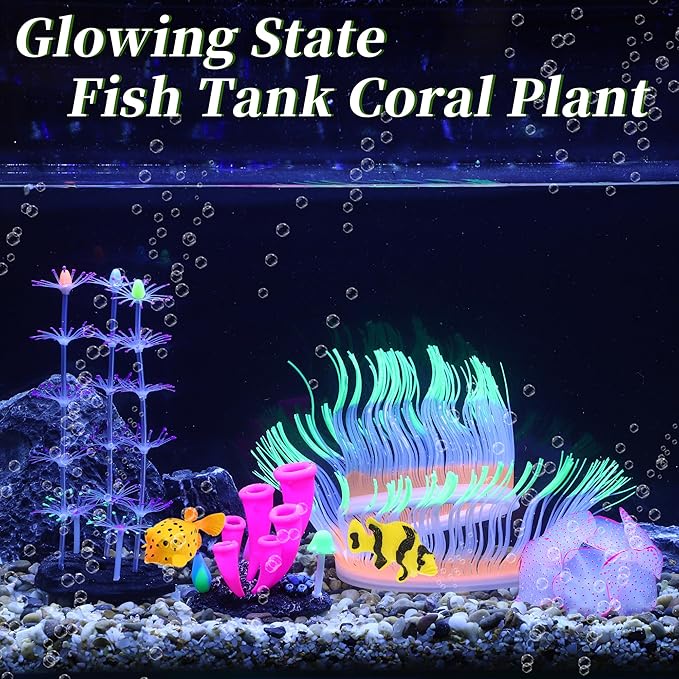 Silicone Glowing Aquarium Decorations, Fluorescence Coral, Glowing Sea Anemone Decor, Glowing Sucker Coral for Aquarium Decor Purple Pink Green 1 Set