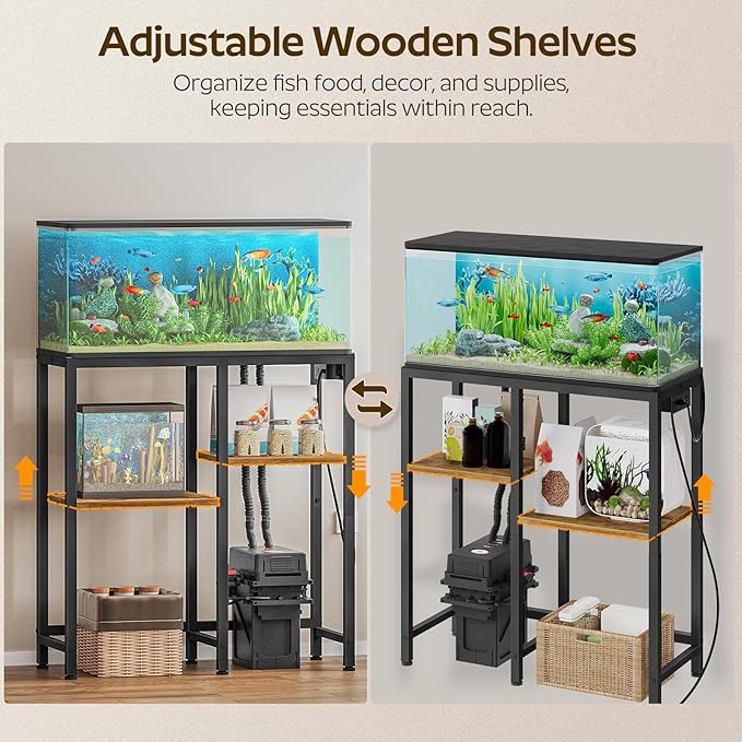 YATINEY 20-29 Gallon Fish Tank Stand with Power Outlet, Aquarium Stand Storage Organizer, Heavy Duty Terrarium Stand for Living Room, Home Office, Black and Rustic Brown FT01UBR