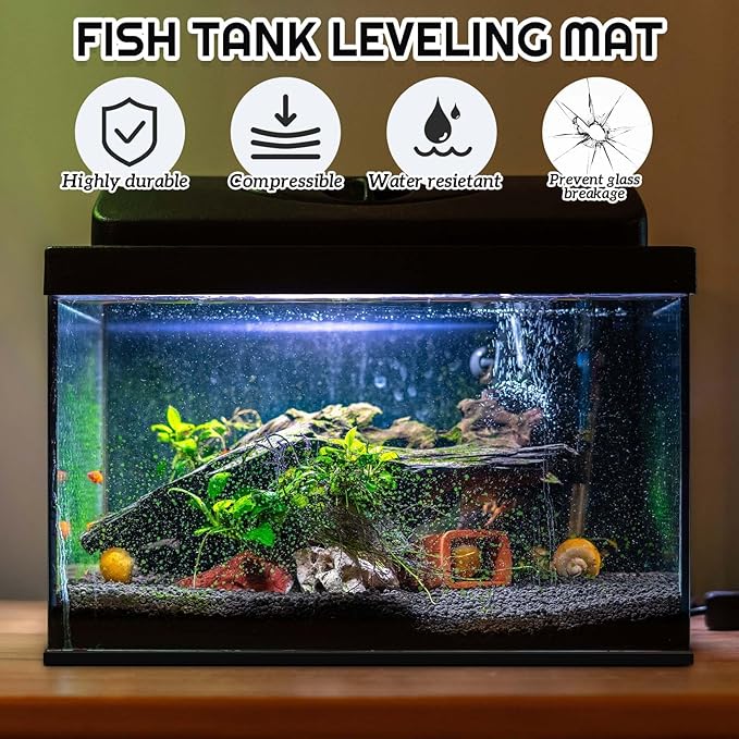 Pangda 1 Pcs 19.6 x 13 Inch Aquarium Fish Self Leveling Mat for Under Tank 5mm Thick Foam Compressible Neoprene Mat with Adhesive Backing Shockproof Waterproof Easy to Cut Stability, Black