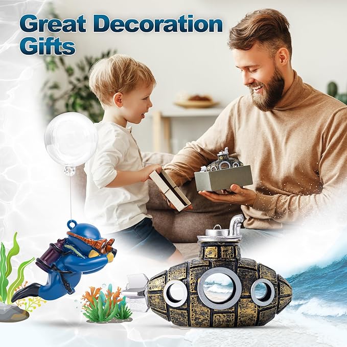 CousDUoBe New Upgrade Floating Fish Tank Decoration, Cute Retro Submarine Set and Floating Diver,Three Float Balls, Aquarium Decorations Resinous Betta Fish Tank Accessories