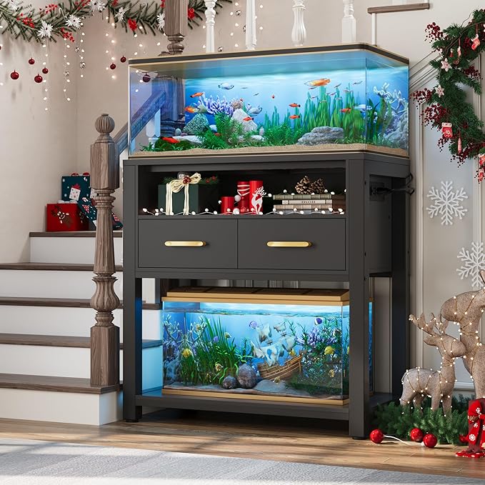 EOSVALO 20-29 Gallon Aquarium Stand with Stable Metal Frame & Power Outlet, Heavy-Duty Fish Tank Stand with Waterproof Mat, 550LBS Capacity Storage Cabinet, Black