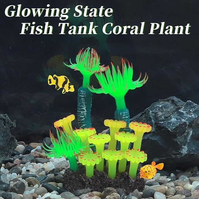 Aquarium Coral, Luminous Fish Tank Ornaments, Silicone Aquarium Plants, Fish Tank Coral, Fake Coral for Fish Landscape Decoration Aquarium Ornaments, Green Yellow