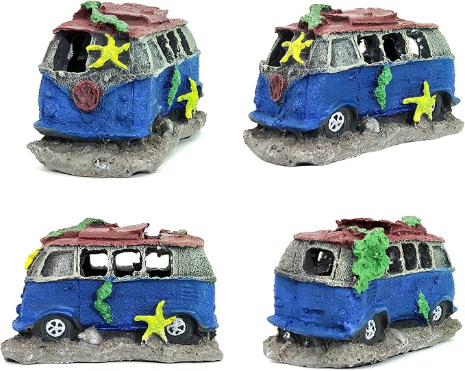 4PCS Fish Tank Aquarium Decorations Plastic Plants with Resin Cave Rock for Fish Hideout (Blue Set)