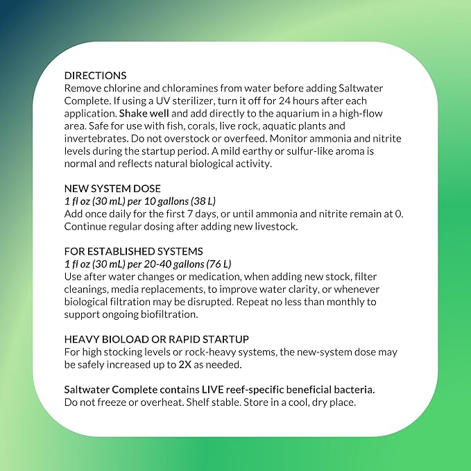 Saltwater Complete – Live Nitrifying Bacteria Blend for Saltwater & Reef Aquariums - Instant Cycle Marine Tank Starter - Removes Ammonia Nitrite - Clarifier - Safe for Fish Coral Invertebrates - 1Gal