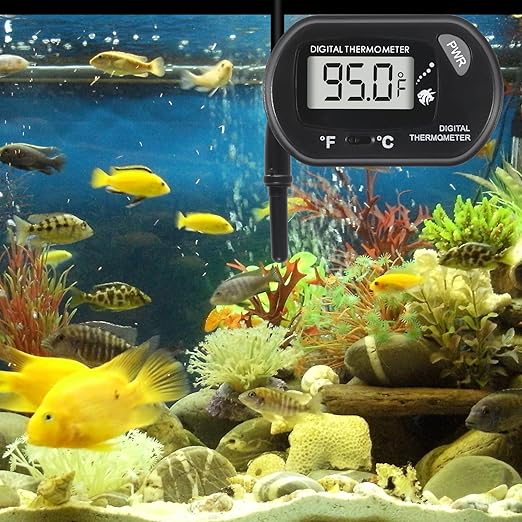 Digital Aquarium Thermometer with LCD Display - Water-Resistant Sensor Probe and Suction Cup for Fish and Reptile Tanks (Fahrenheit/Celsius)