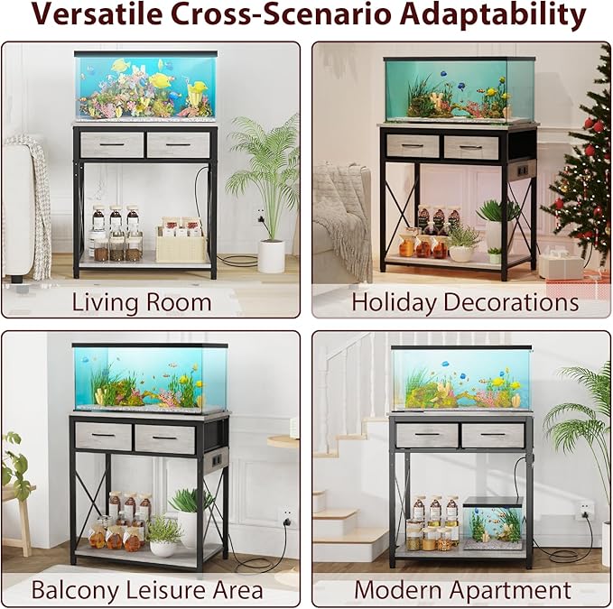 20-29-37 Gallon Fish Tank Stand with Power Outlet, Heavy Duty Metal Aquarium Stand with Two Storage Drawers for Fish Tank Accessories Storage, Perfect for Turtle Tank, Reptile Terrarium, Grey