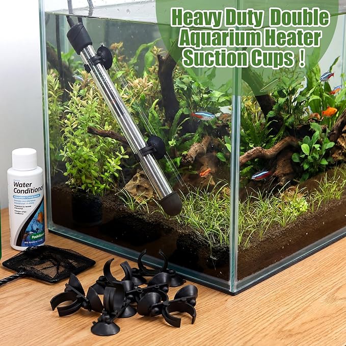 Qunclay 12 Pack Double Aquarium Heater Suction Cups with 1.2 Inch Clip Black Heavy Duty Standard Heating Rod Holders Clamps for Aquarium Heater Fish Tanks