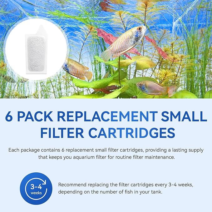 Small Filter Cartridges Compatible with Koller Products Aquarium Internal Power Filters 2.5 to 7 Gallon, Small Fish Tank Replacement Filter Carbon Cartridges for Clean Aquarium Water, 6 Pack
