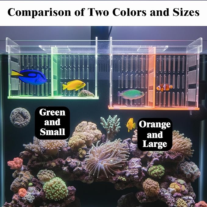 Green Acrylic Aquarium Breeder Box, 7.4x5.3x6.3 in Hang-On Fish Isolation Box with Long Handle Net, Removable Divider & Feeding Hole for Betta Guppy Shrimp Freshwater Saltwater