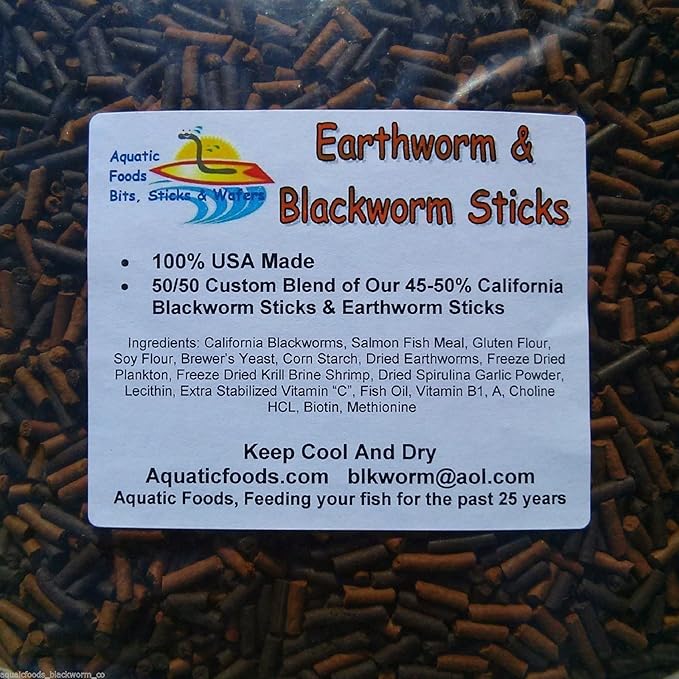 California Blackworm & Earthworm Sinking Sticks, APX 1/8" x 7/16" Sticks. Great for Carnivores, Plecos, Catfish, Shrimp, Snails All Bottom Fish, Turtles, All Tropical Fish - 1/2-lb