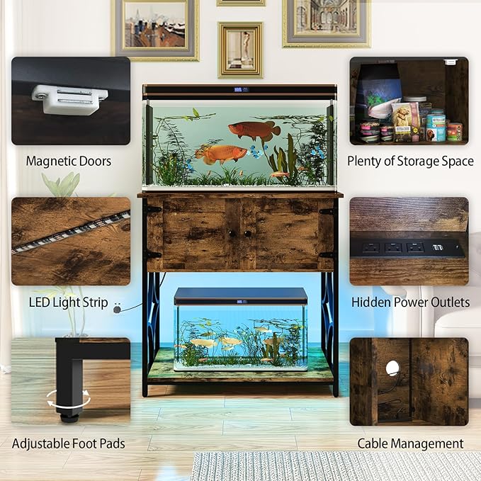 20-29 Gallon Fish Tank Stand with Power Outlets & LED Light, 330LBS Capacity, 20 Gallon Aquarium Stand with Storage, Metal Fish Tank Stand for Turtle Tank, 30.7" L*15.7" W Tabletop, Brown