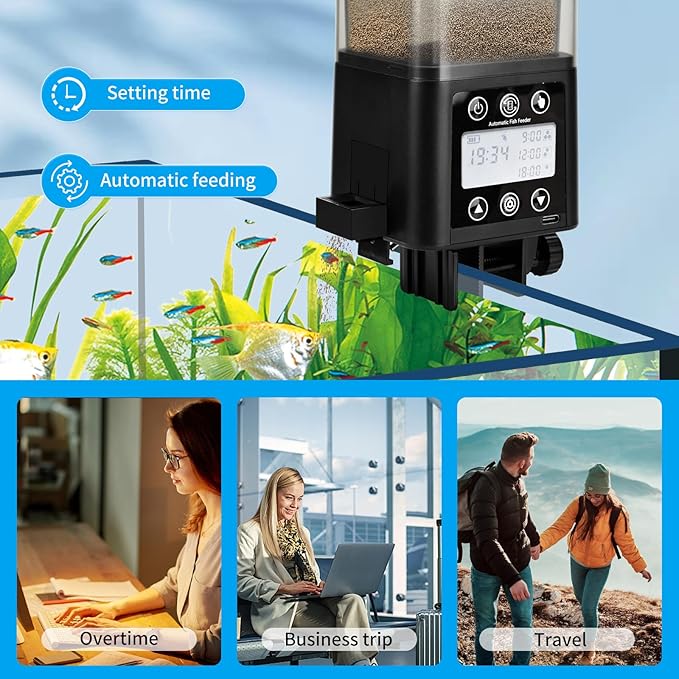 Podazz Automatic Fish Feeder for Aquarium with Timer, LCD Display 320ML Large Capacity Adjustable Fish Dispenser, Operated Feeders for Goldfish, Turtle for Vacation, Weekend or Daily Use(Black)