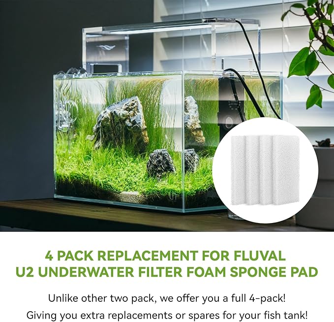 4 Pcs Aquarium Bio Sponge Foam Filter Pads Compatible with Fluval U2 Underwater Filter Foam Sponge Pad, Aquarium Underwater Filter Accessories, Compatible for Aquarium, Fish Tank, White, A486