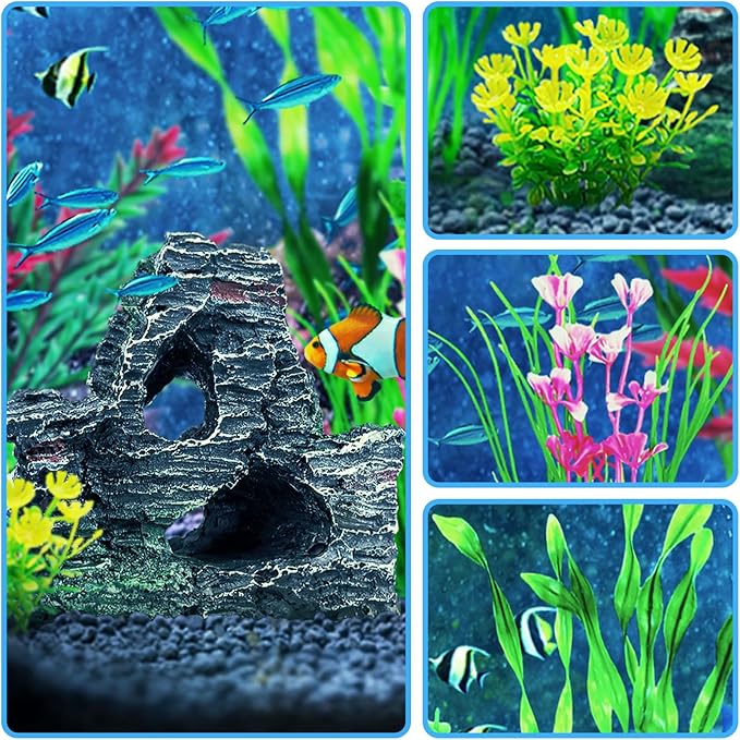 QUOZUO Fish Tank Accessories Aquarium Plants, 12pcs Colorful Fish Tank Artificial Plants and Cave Rock Decor Set, Aquarium Decorations Plants