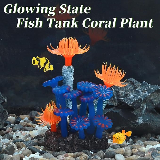 Aquarium Coral, Luminous Fish Tank Ornaments, Silicone Aquarium Plants, Fake Coral for Fish Landscape Decoration, Orange Blue