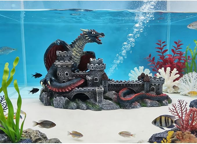 Dragon Castle Aquarium Ornament, Resin Large Fish Tank Decoration with Hiding Caves for Betta, Tropical Fish & Reptiles, Medieval Fantasy Underwater Landscape Decor-10.6 inches in Length