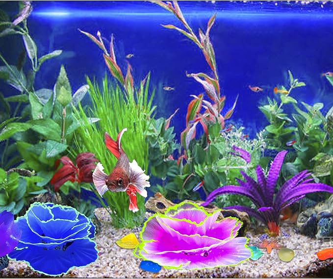 Glowing Fish Tank Decorations Glow Aquarium Decor Coral Ornaments, 2pcs Silicone Flower Plants and 10pcs Colourful Sea Shells/Luminous Stone Glow in The Dark for Aquarium Decoration
