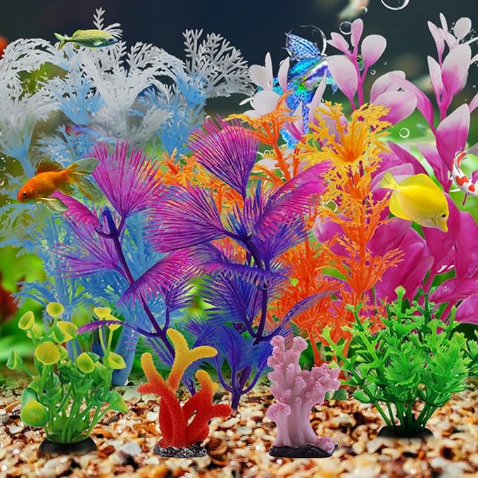QUOZUO Fish Tank Decorations Plants with Resin Coral, 8 pcs Aquarium Decorations Small Plants Plastic, Fish Tank Accessories Aquarium Decor