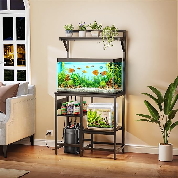 20-29 Gallon Fish Tank Stand, Aquarium Stand with Power Outlet, Heavy-Duty Reptile Terrarium Stand Table with Top Shelf and 4-Tier Adjustable Storage Shelves, 30.7" L x 15.3" W x 30" H(Black)