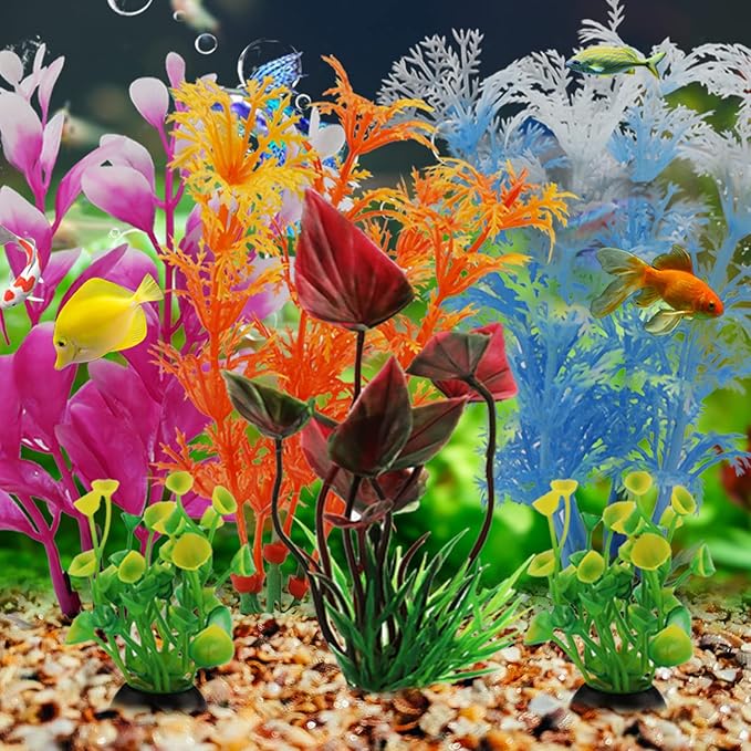 Aquarium Decorations - 6pcs Colorful Fish Tank Plants, Plastic Accessories for Mini Aquariums