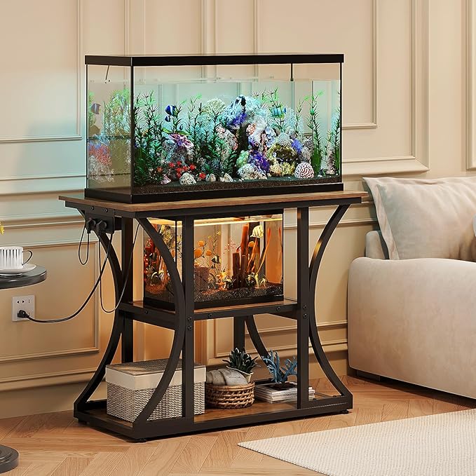 50 Gallon Aquarium Stand with Power Outlets Fish Tank Stand with 3-Tier Storage Shelves Display Stand for Turtle Tank Shelves Metal Frame Stand for Living Room Office Entryway,Brown