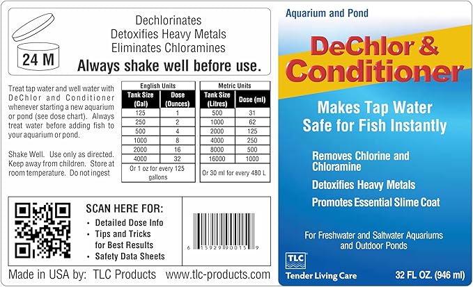 TLC Products, DeChlor & Conditioner, Aquarium Water Treatment, for Freshwater and Saltwater, 32 fl oz