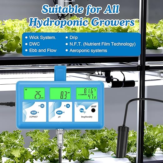 Hydroponic ppm pH Monitor, WiFi 6 in 1 pH EC Meter for Hydroponics Growing System,Continuous Monitoring pH PPM EC CF Humidity Temp of DWC Grow System Water Reservoir Tank Aeroponic Garden Aquarium