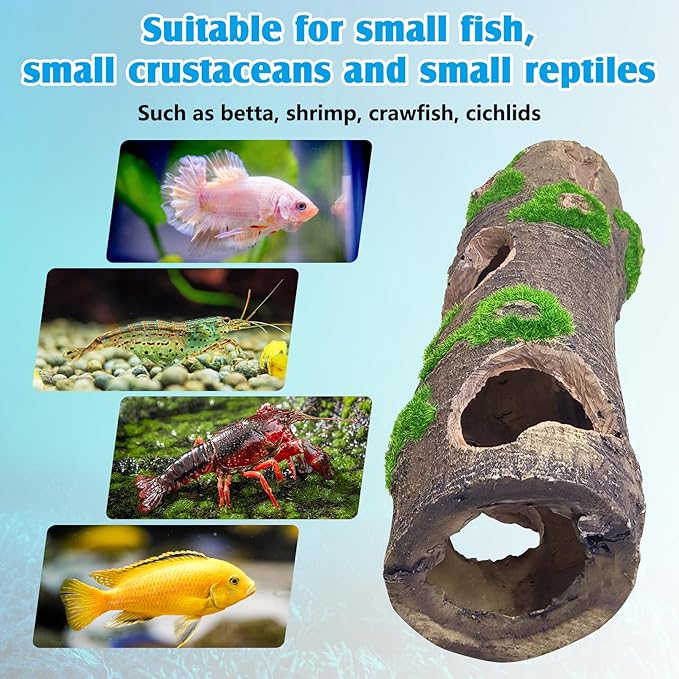 Hamiledyi 2 PCS Small Tree Trunk Aquarium Fish Tank Ornament, Betta Fish Hideout Caves, Resin Moss Tree Trunk Aquarium Decoration with Holes and Caves