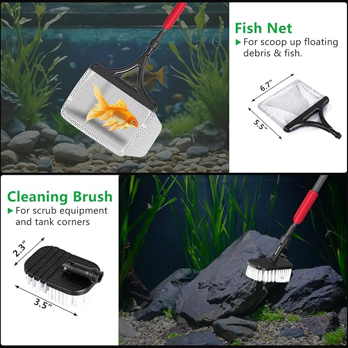 Aquarium Clean Tool 6 in 1 Fish Tank Cleaning Kit, Multi-Use Fish Tank Cleaner Brush, Algae Scraper Scrubber Pad Adjustable Long Handle Fish Tank Brush for 20-160 Gallon Acrylic & Glass Tank (L)