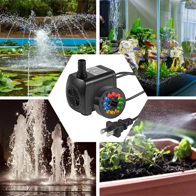 Submersible Water Fountain Pump 15W with LED Lights Aquarium Fish Tank Water Pump 260GPH for Aquarium Pond Statuary Gardens Water Feature Outdoor Fountain