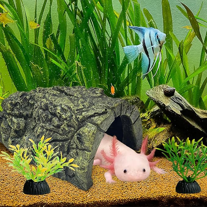 Axolotl Tank Accessories, Aquarium Decor Set with 1 Resin Simulation Rock Cave Hideout and 2 Plastic Artificial Plants, Fish Tank Decorations, Axolotl Tank Decor