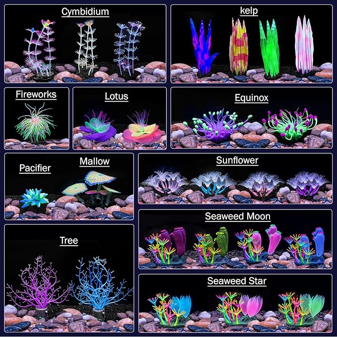 Dynamic Glow in The Dark Aquarium Decorations: Unleashing Visual Effects with Soft Silica Gel, Changing Lights, and Colorful Glowing Coral Ornaments (Dark Green, Seaweed Moon)
