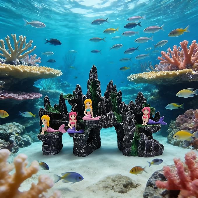 Large Fish Tank Decoration Mountain View Aquarium décor Thematic Ornaments Betta Fish Hiding cave House Mermaid Decorative Accessories