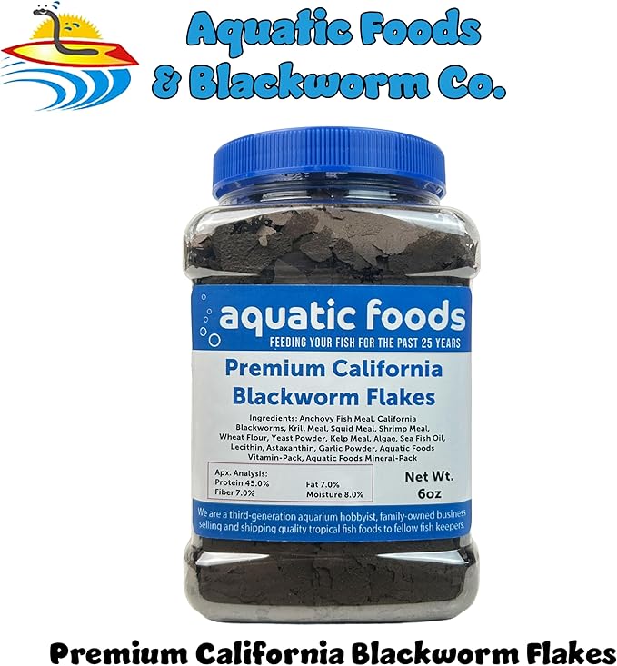 California Blackworm 45% Protein Premium Flakes for Discus, Cichlids, All Tropical Fish Also Pellet Mix, Wafer Mix Included…6oz