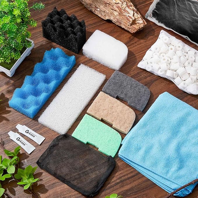 Threlaco 74 Pcs Filter Media Compatible with Fluval 306/307, Aquarium Replacement Media Kit, Foam, Activated Carbon, Nitrite/Phosphate/Ammonia Remover, Towel, Grease, Mesh Bags