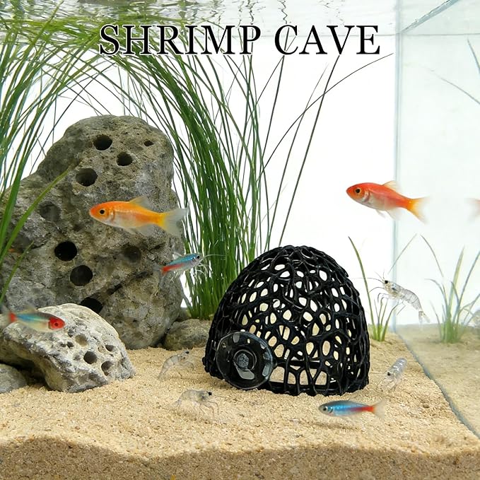 Cave with Suction Cup, Aquarium Betta Fish Hideout Habitat Decor, Stable Resting Hiding Place for Cherry Shrimp, Dwarf Shrimp, Guppy and Small Fish (Black)