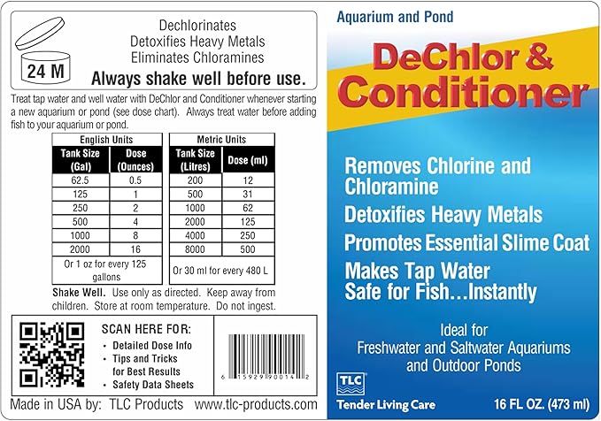 TLC Products, DeChlor & Conditioner, Aquarium Water Treatment, for Freshwater and Saltwater, 16 fl oz