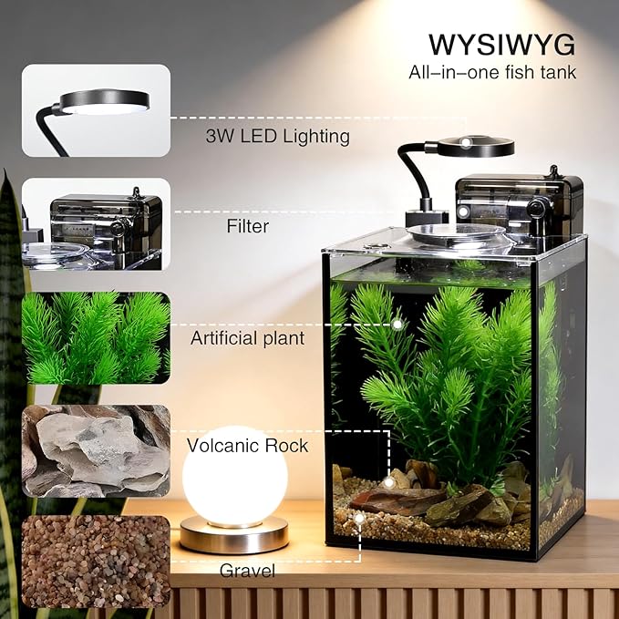 1.2 Gallon Betta Fish Tank, Small Aquarium Kit,Glass Small Fish Tank,Betta Fish Tank with a lid and Light and Filter, Small Transparent Glass Fish Tank with Light and Filter(Black Glass Background)