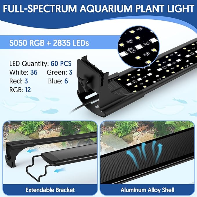QZQ LED Aquarium Light, 16W Fish Tank Light with 24/7 Lighting Mode, Timer, DIY Mode, Adjustable Brightness, Full Spectrum Aquarium Plant Light with Extendable Brackets for 10-16 Inch Fish Tank