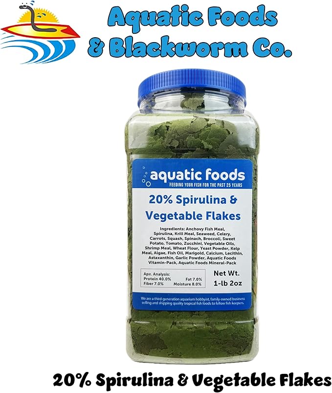Premium Spirulina & Vegetable Flakes with 20% Spirulina for African Cichlids, Angle Fish, All Tropical Fish Also Pellet Mix, Wafer Mix Included…1-lb 2oz