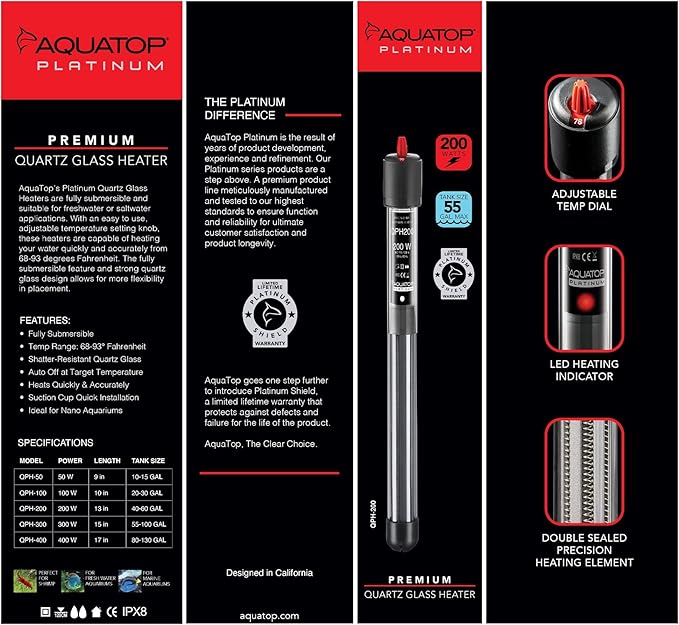 Aquatop 200W Quartz Platinum Heater - Fully Submersible for 40-60 Gallons Fish Tanks, 68-93F Adjustable Temperature Range, Fresh & Saltwater Use, Shatter Resistant Aquarium Heaters, QPH-200