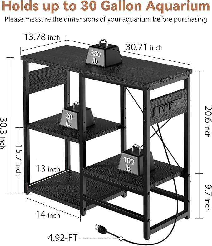 GRLEAF 20-30 Gallon Fish Tank Stand with Power Outlets, 4 Tier Metal Aquarium Stand with Wood Storage Shelves, 30.7" L x 13.8" W x 30.3" H Turtle Reptile Fish Tank Table Aquarium Table - Black