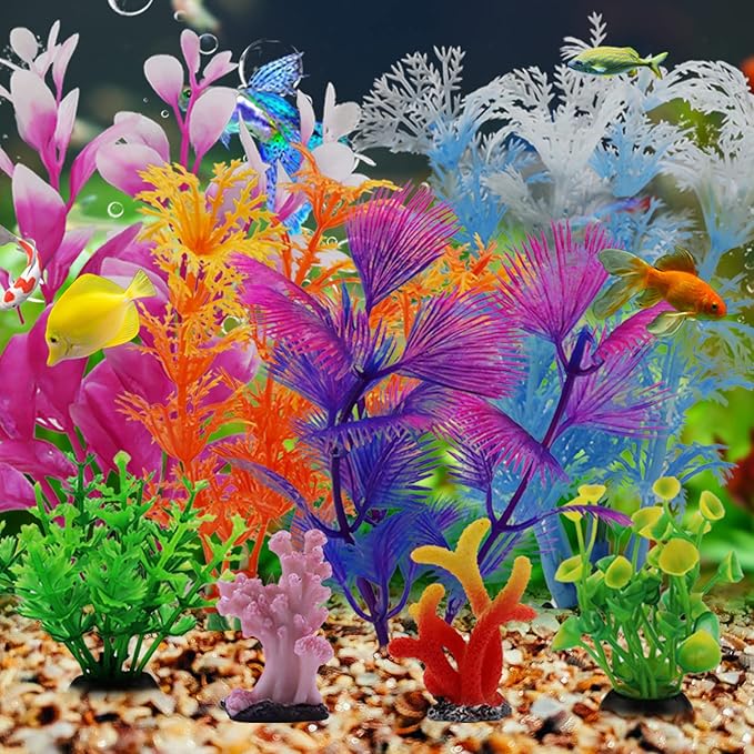 Fish Tank Decorations Plants with Resin Coral, 8 pcs Aquarium Decor
