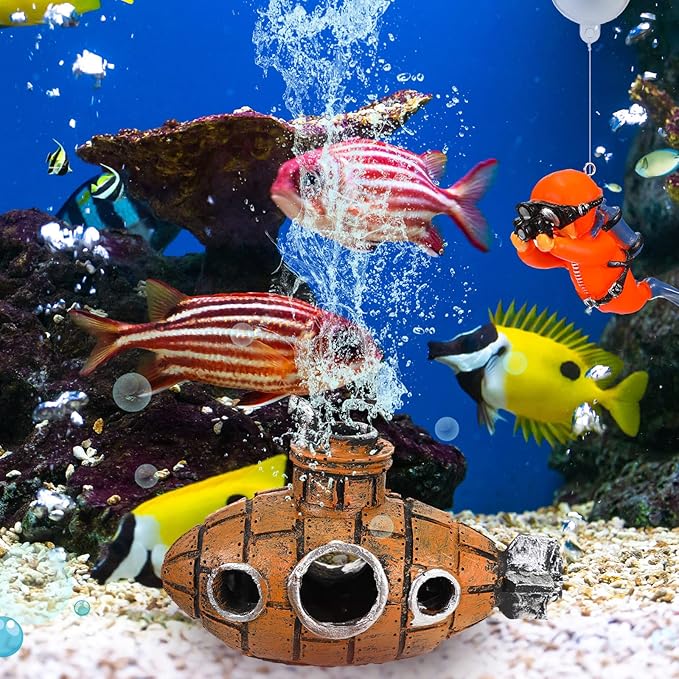 Christmas Aquarium Decorations Floating Fish Tank Air Pump Decorations Include Hanging Lovely Diver for Aquarium and Retro Old Submarine Wreck Ornament Artificial Resin Accessories for Fish Tanks Pool