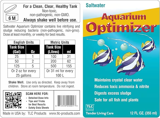 TLC Products, Saltwater Aquarium Optimizer, Crystal Clear Water Treatment, Reduces Ammonia, 12 oz (355ml)